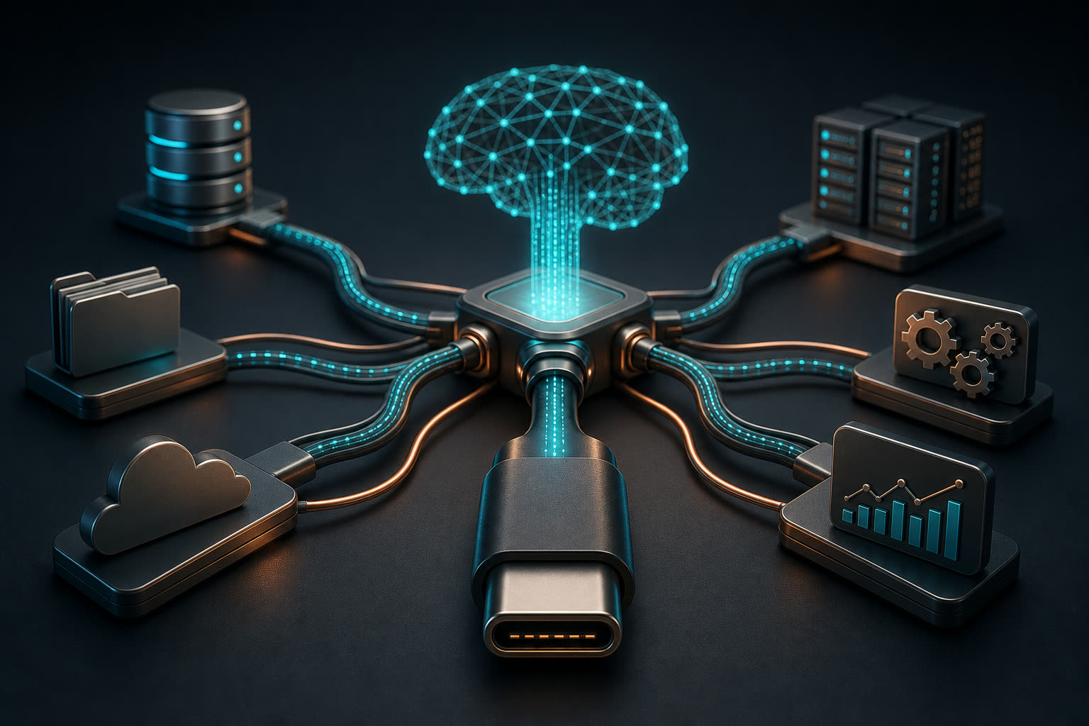 Model Context Protocol MCP as the USB-C backbone connecting AI agents to enterprise data securely.